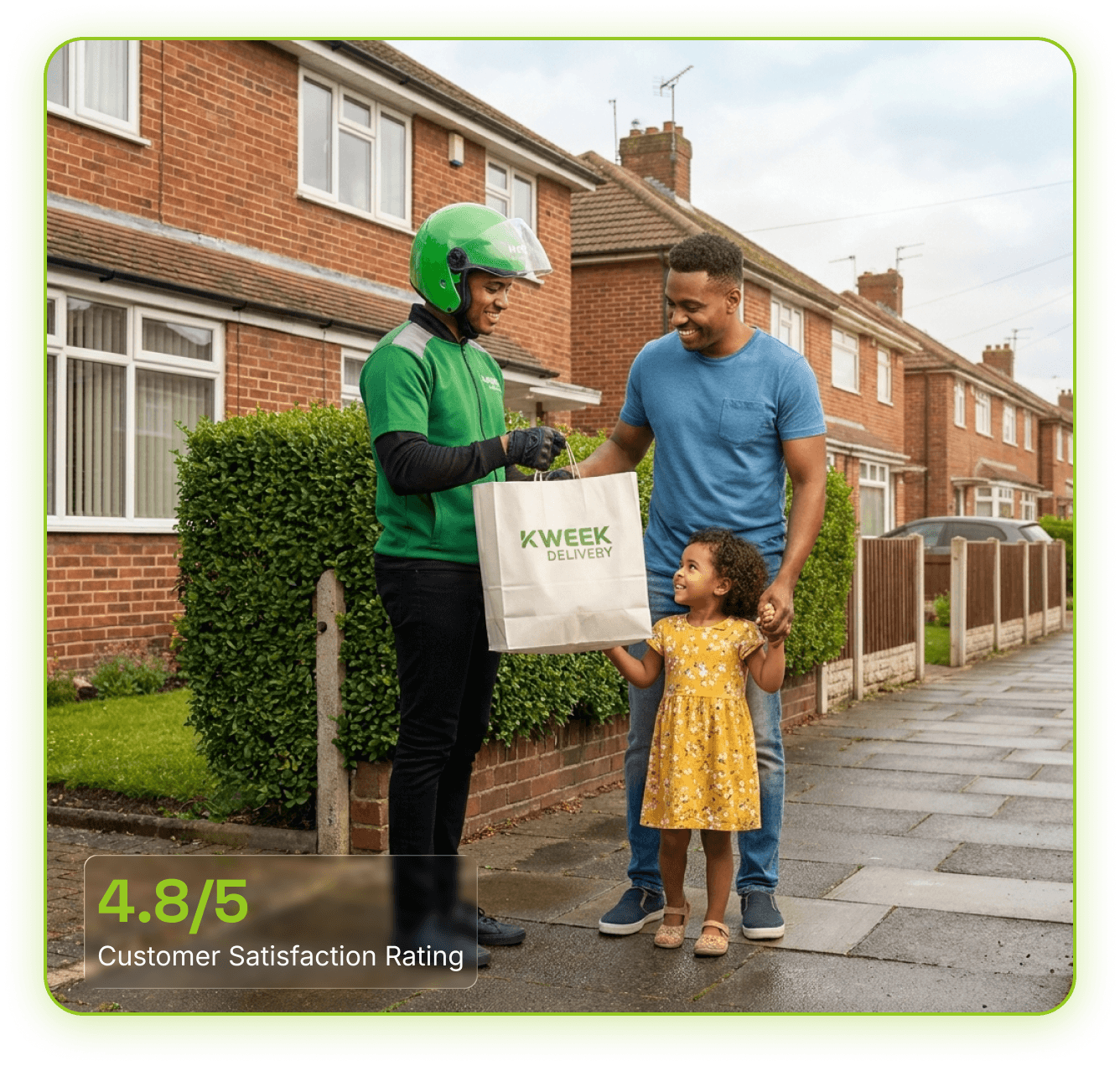 Happy customer receiving groceries from Kweek rider