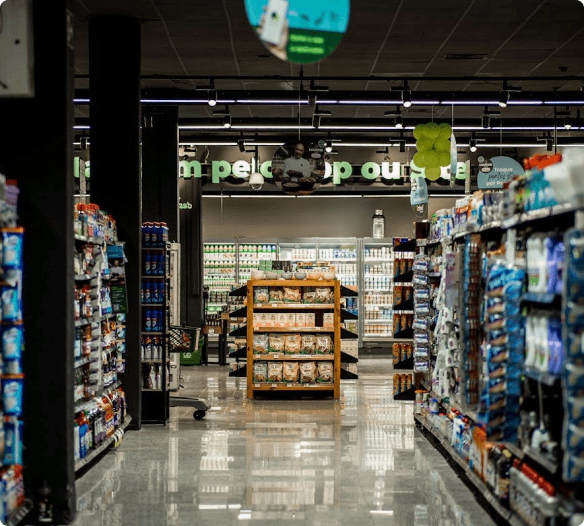 Grocery store interior with products on shelves